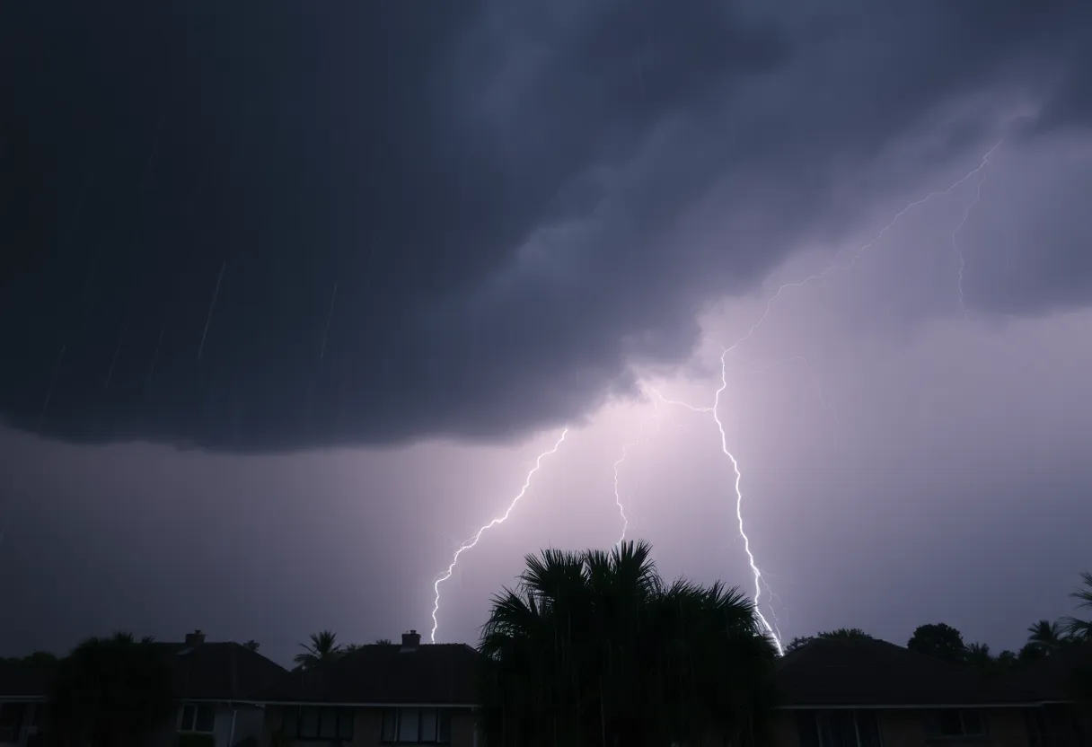 A severe thunderstorm with dark clouds and lightning over a neighborhood in South Carolina
