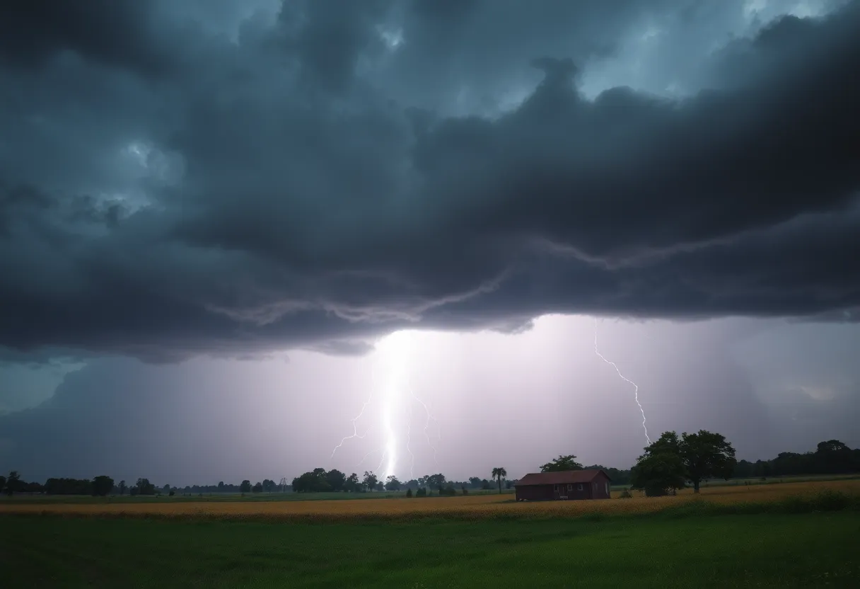Dark thunderstorm clouds looming over Laurens County