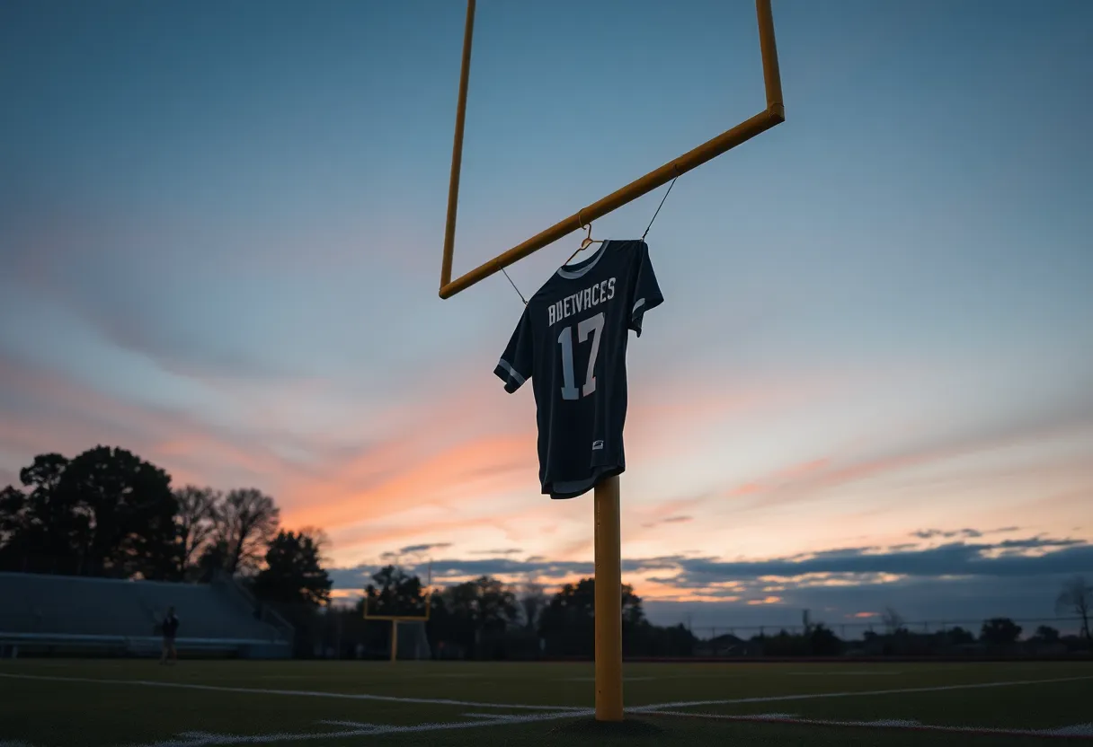 A tribute scene on a football field with a jersey hanging from the goalpost.
