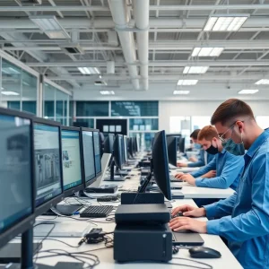 Technicians at UDT Integration and Repair Center working on computers