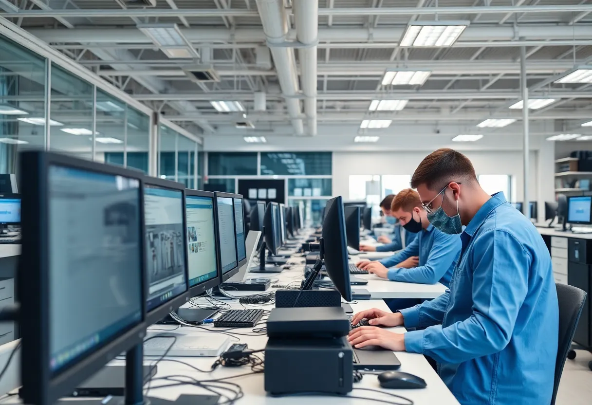 Technicians at UDT Integration and Repair Center working on computers