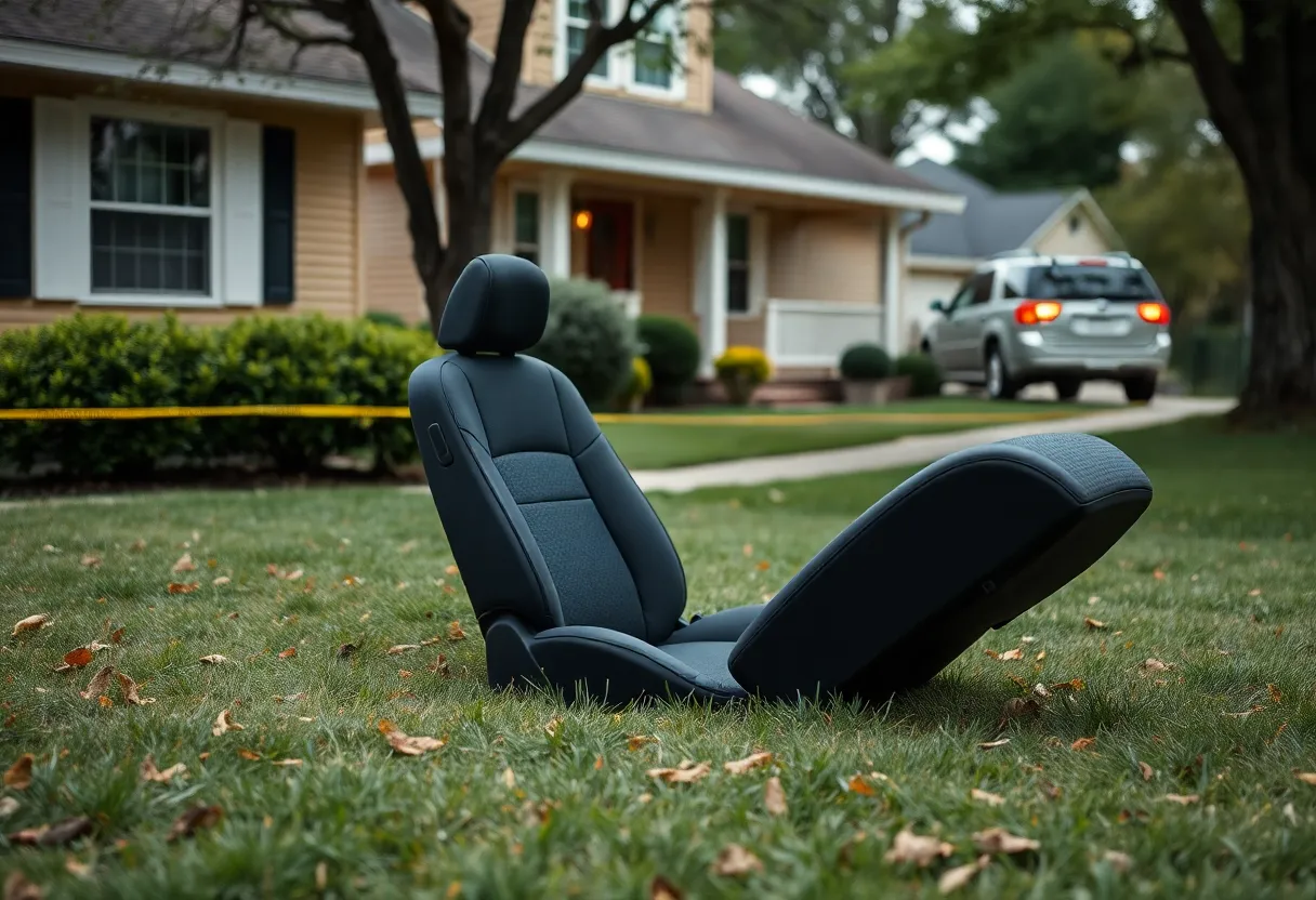 Car seat abandoned in a front yard, symbolizing a tragic event.