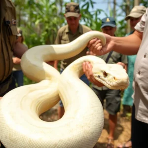 Large albino python during capture in Newberry County