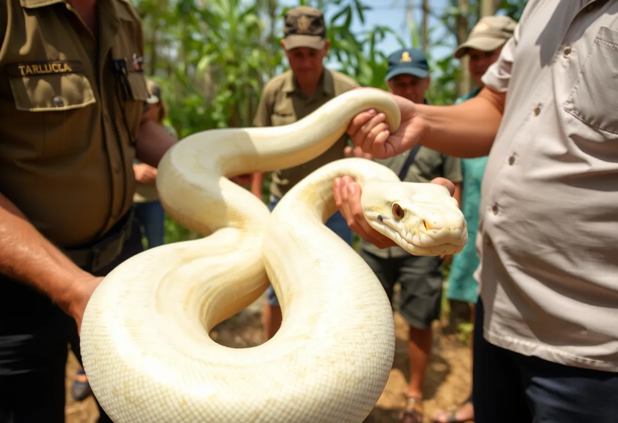 Large albino python during capture in Newberry County