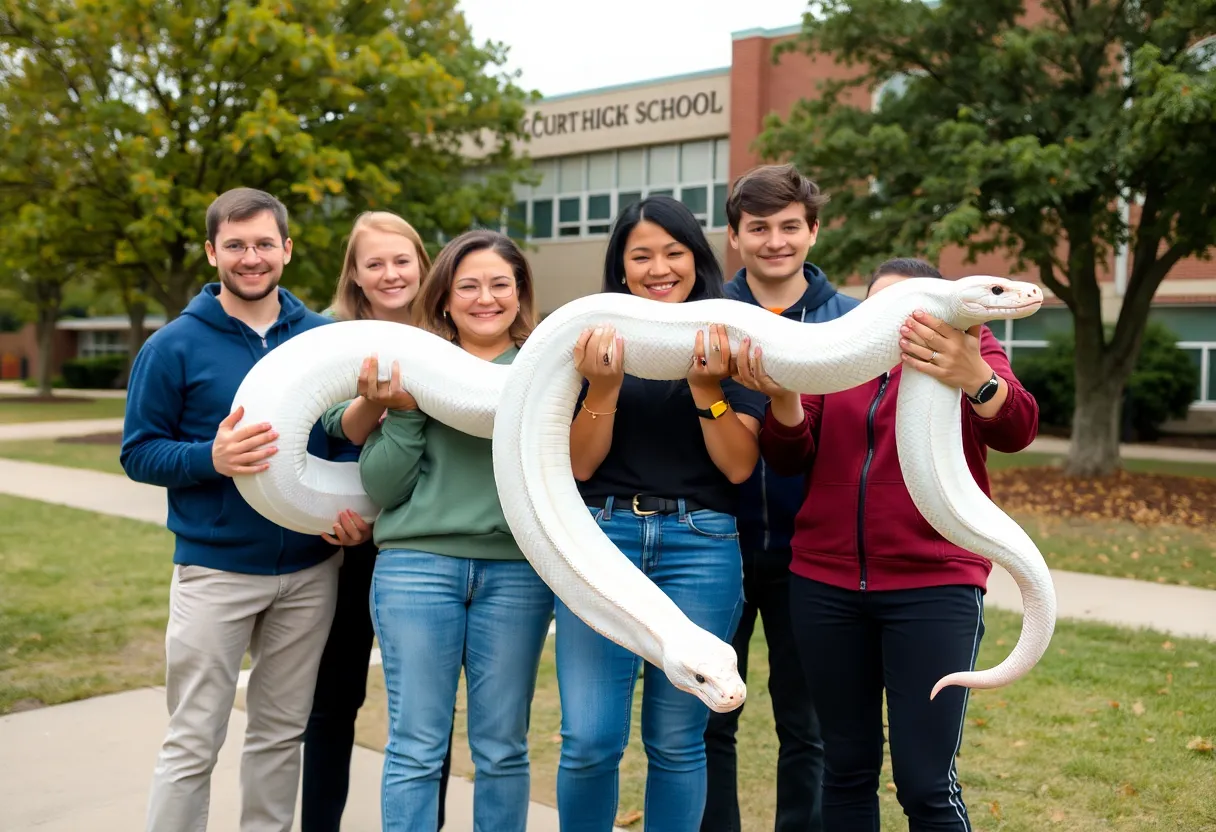 Group holding a large albino python near Mid-Carolina High School