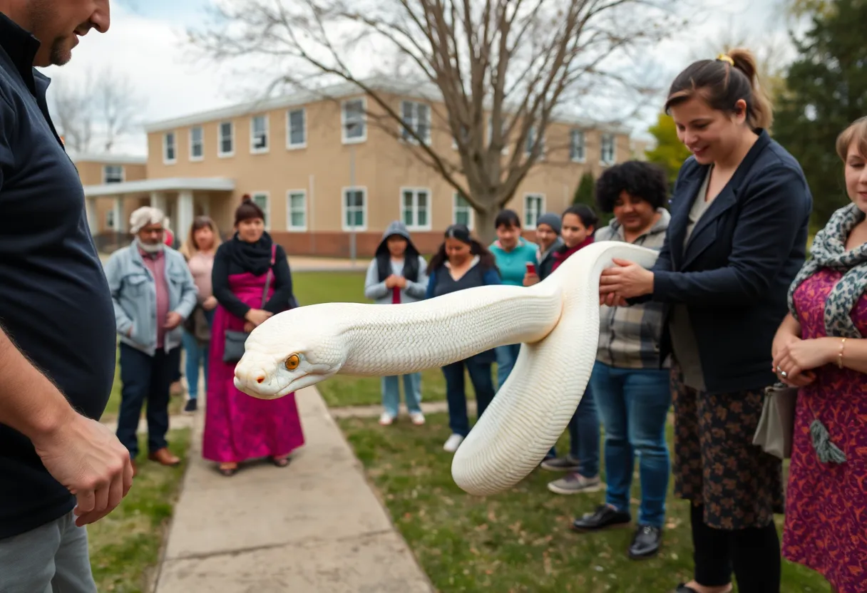 Community members rescuing an albino python near a school in Prosperity, S.C.