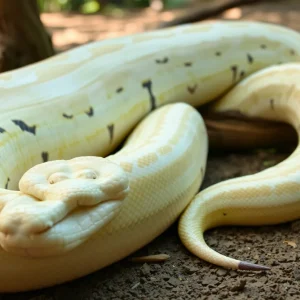 Albino reticulated python in a habitat