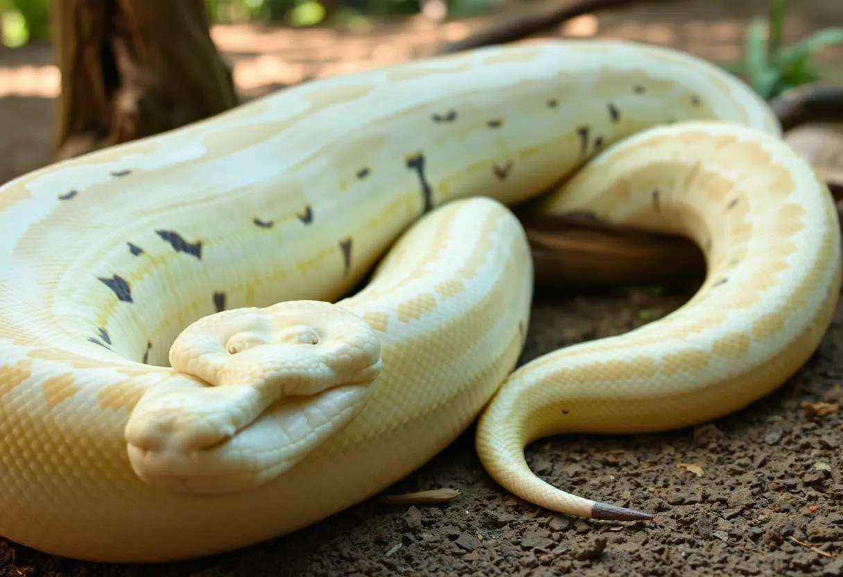 Albino reticulated python in a habitat
