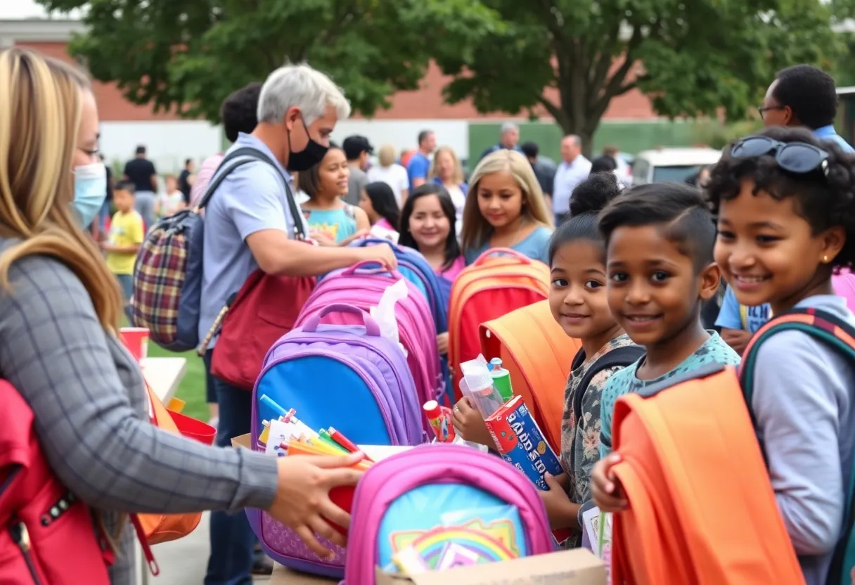 Families collecting backpacks filled with school supplies at a giveaway event