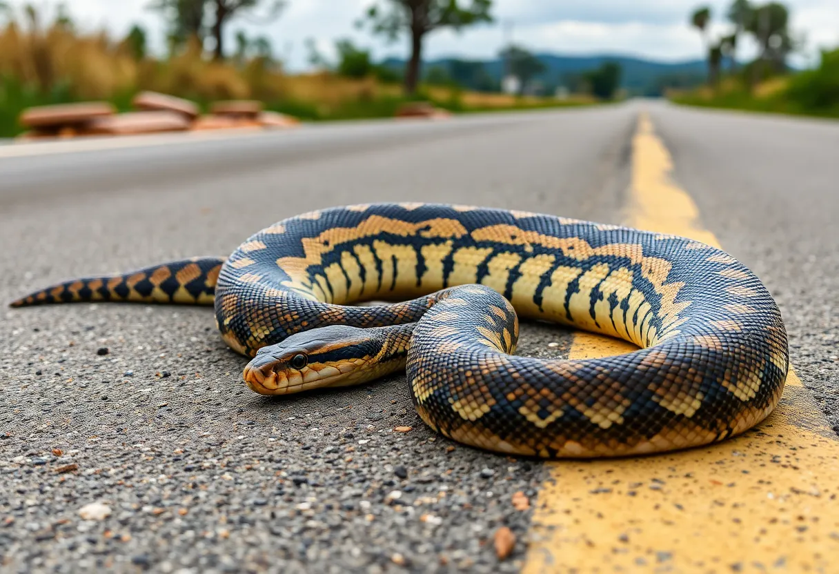Large python captured on roadside