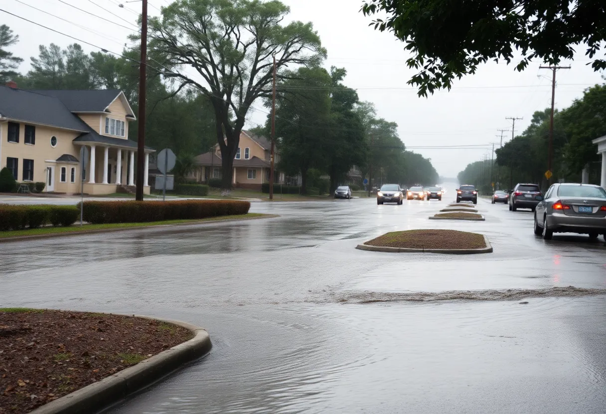 Flooded roads in Columbia, South Carolina during heavy rainfall