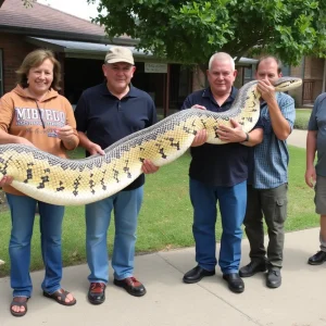 Community members capturing a large python near a school in Prosperity, SC