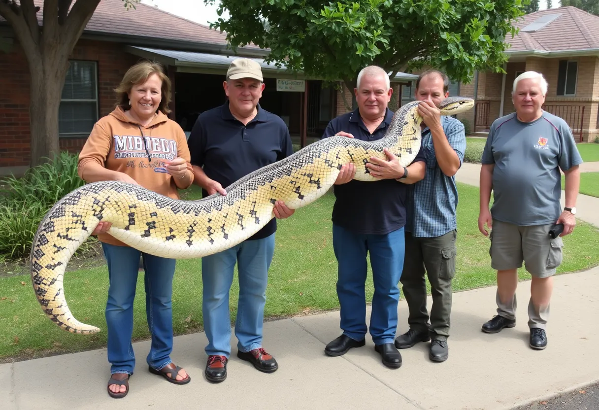 Community members capturing a large python near a school in Prosperity, SC
