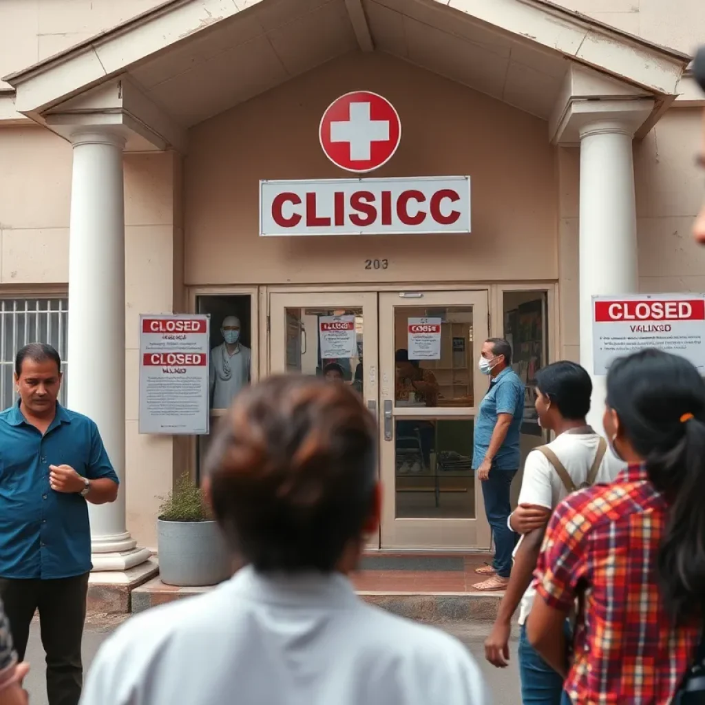 Closed Cooperative Health clinic with a sign indicating layoffs