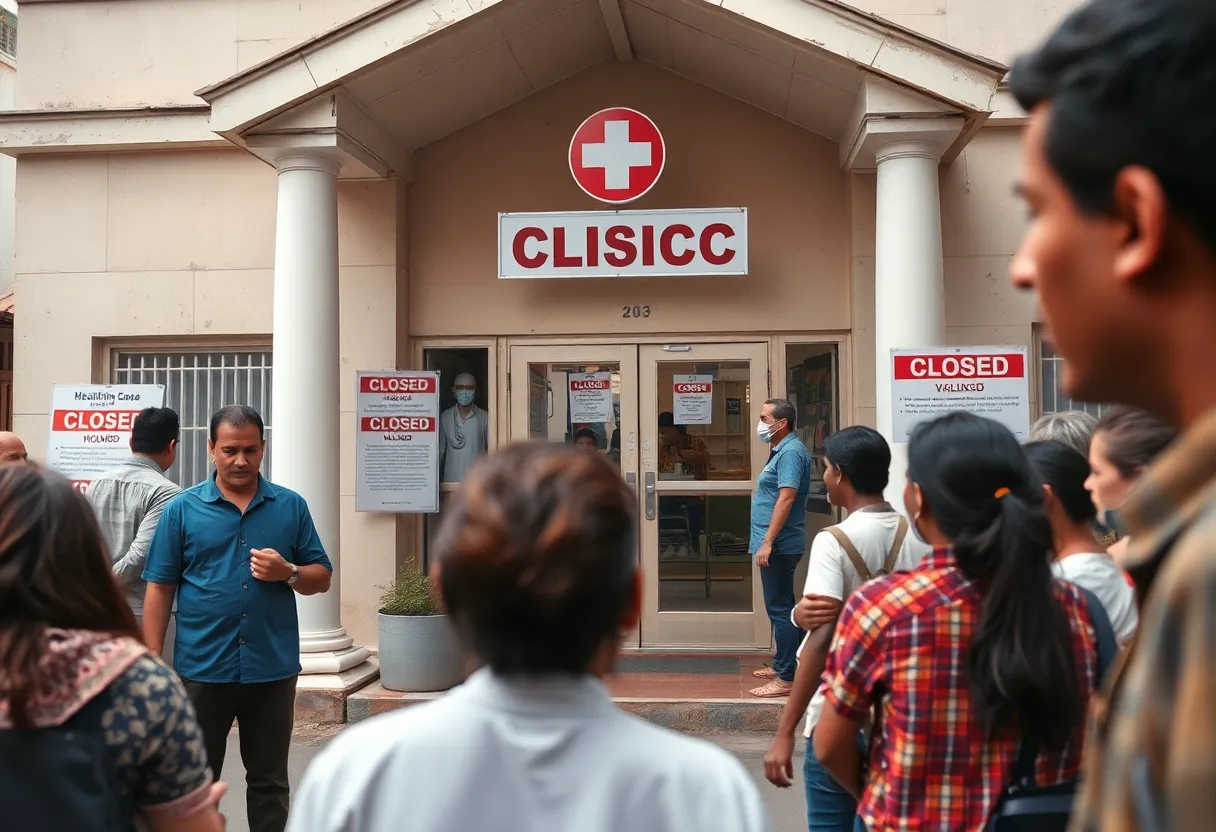 Closed Cooperative Health clinic with a sign indicating layoffs