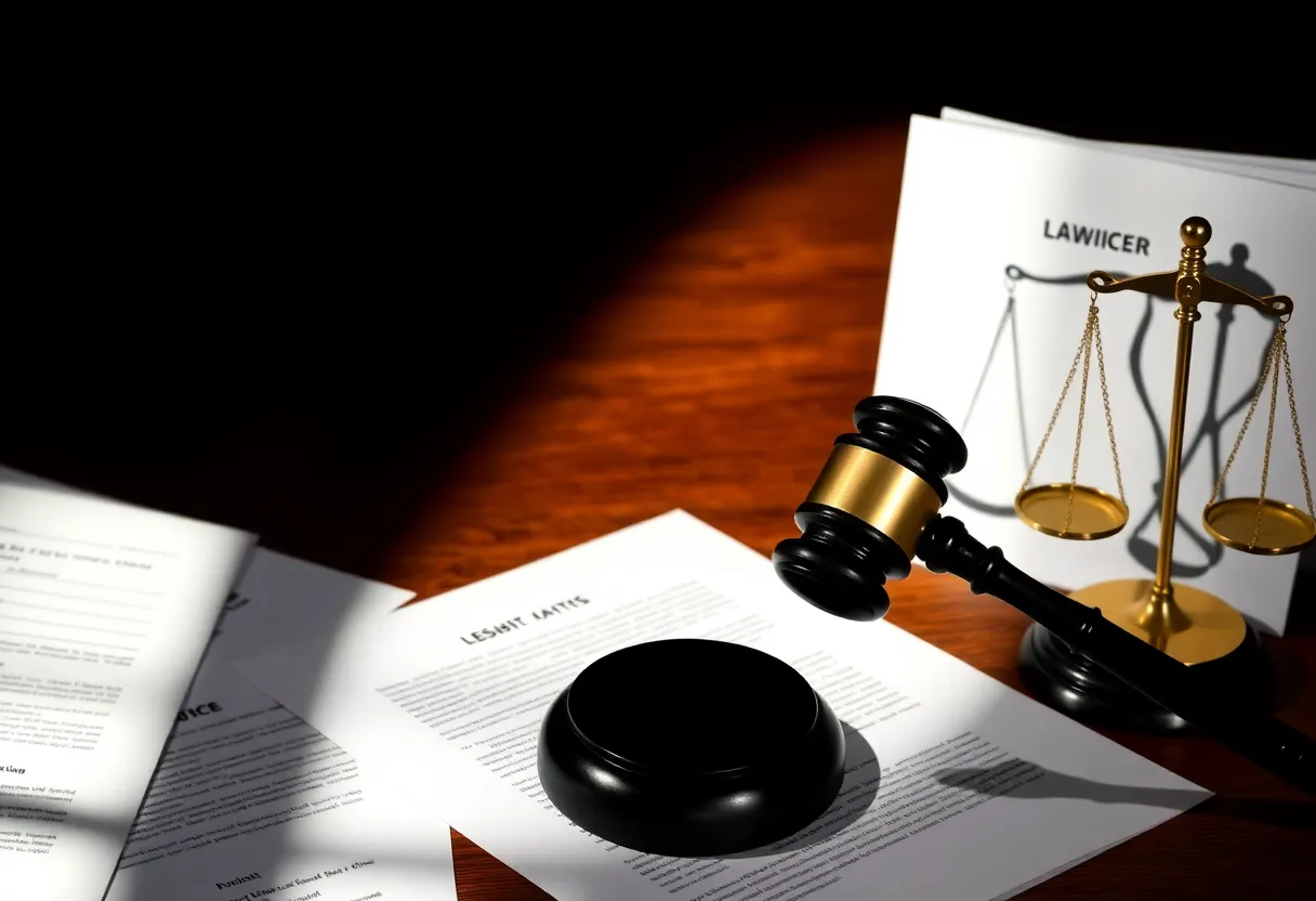 A courtroom with gavel and legal symbols representing justice