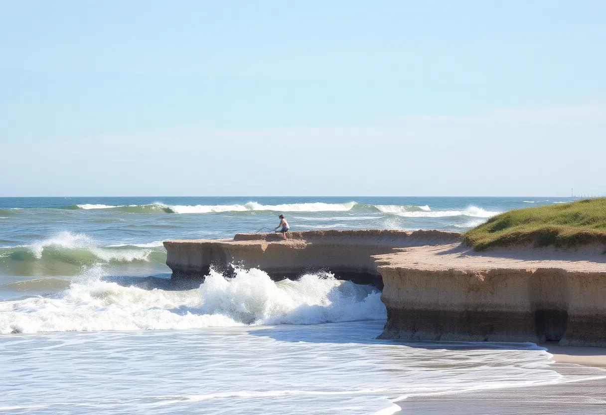 Dauphin Island beach restoration efforts with visible erosion.