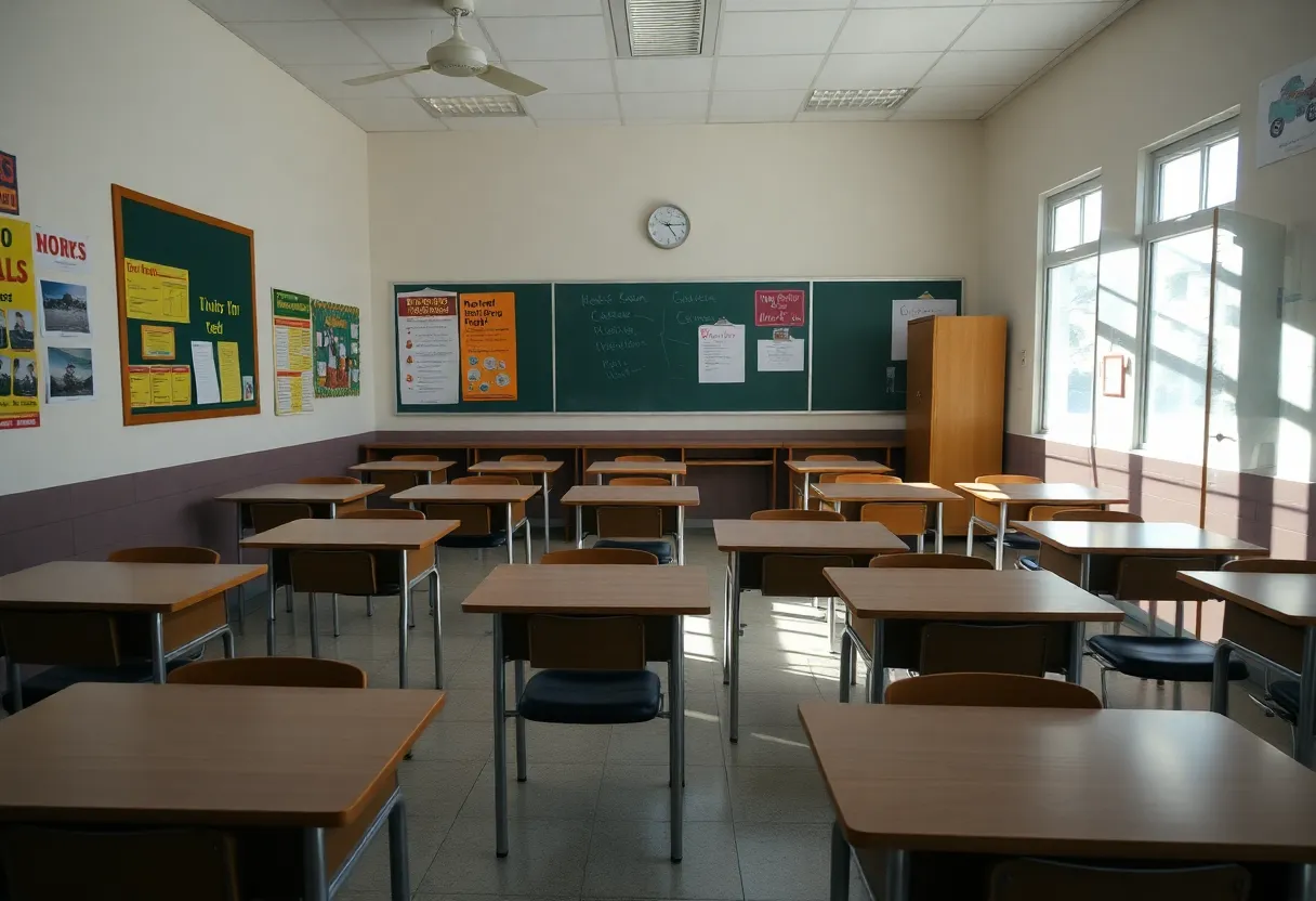 An empty classroom signifying the seriousness of teacher misconduct allegations.