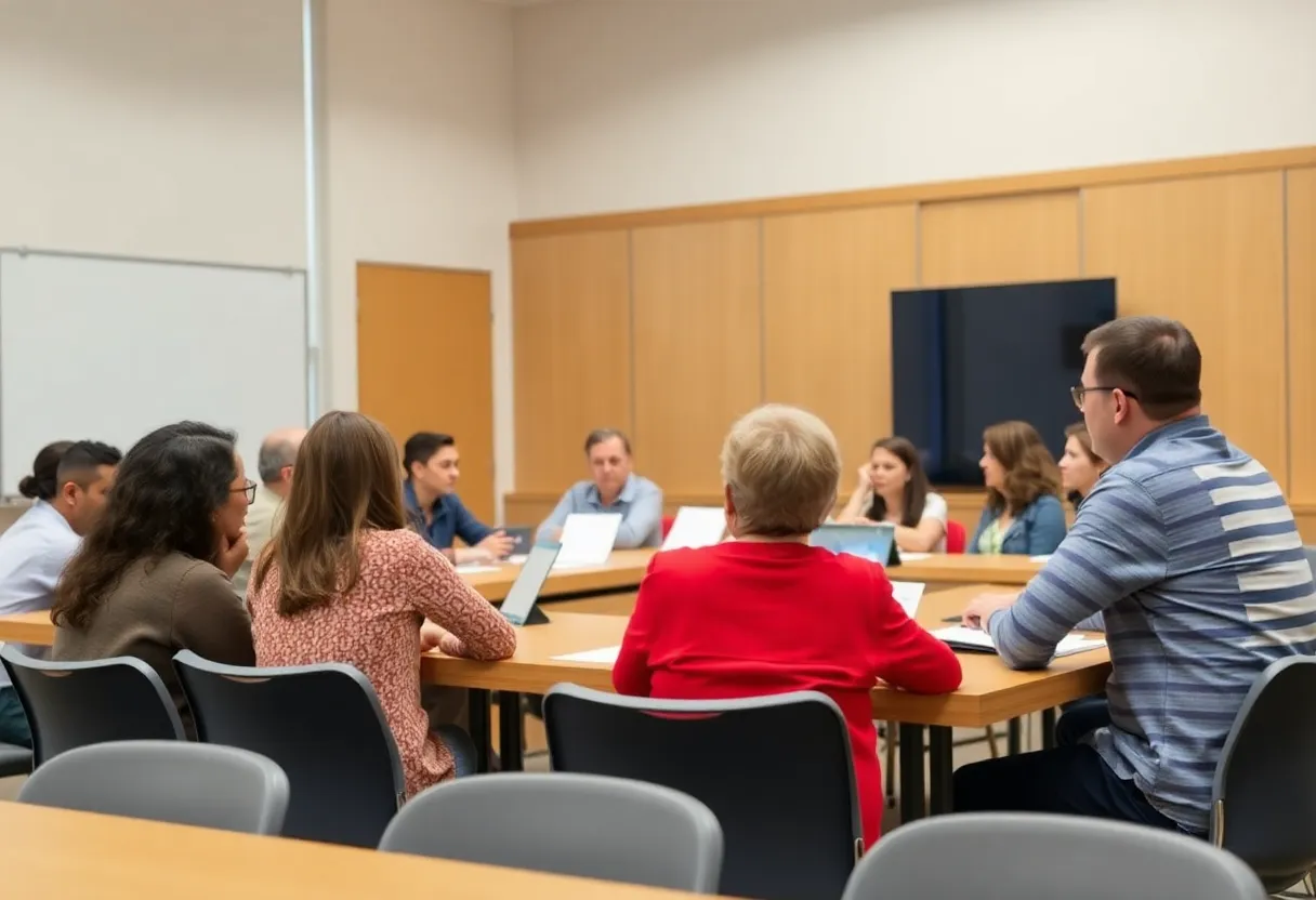 School board members discussing leadership transition.