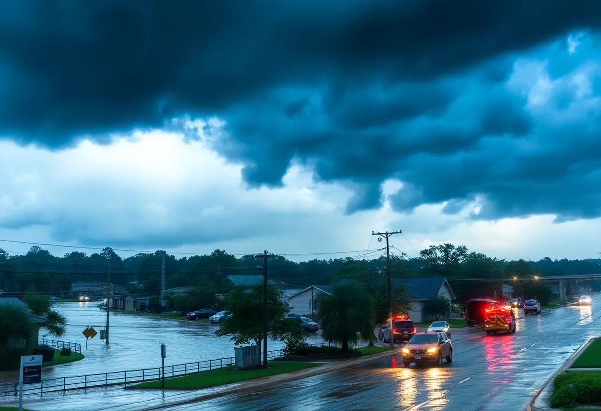 Flash flood warning in Columbia, SC with flooding streets and dark skies
