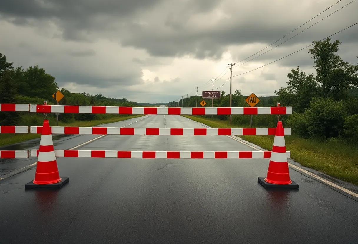 Flooded road with safety barriers in Newberry County