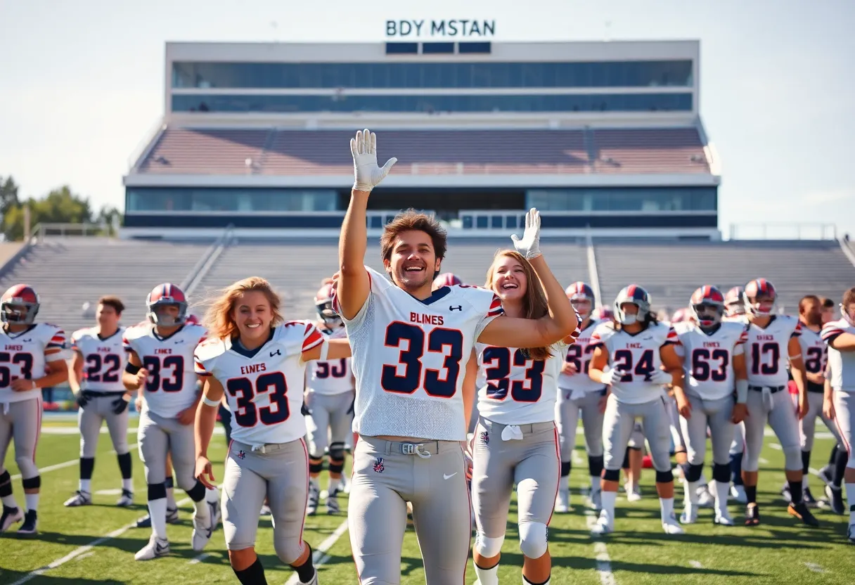 High school football players celebrating on the field