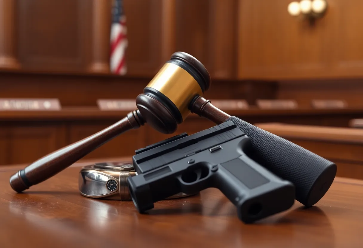 A gavel and firearms representing justice and gun safety