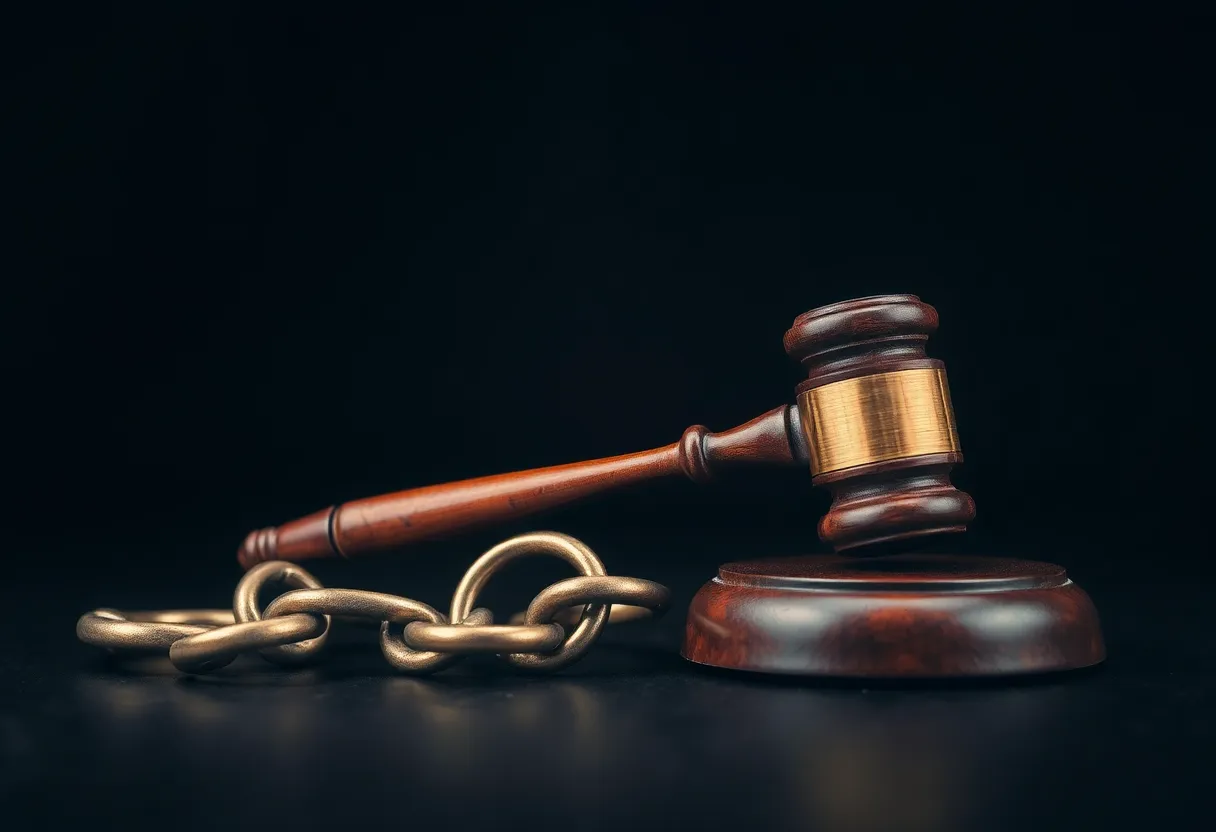 Symbol of justice and freedom with gavel and broken chain