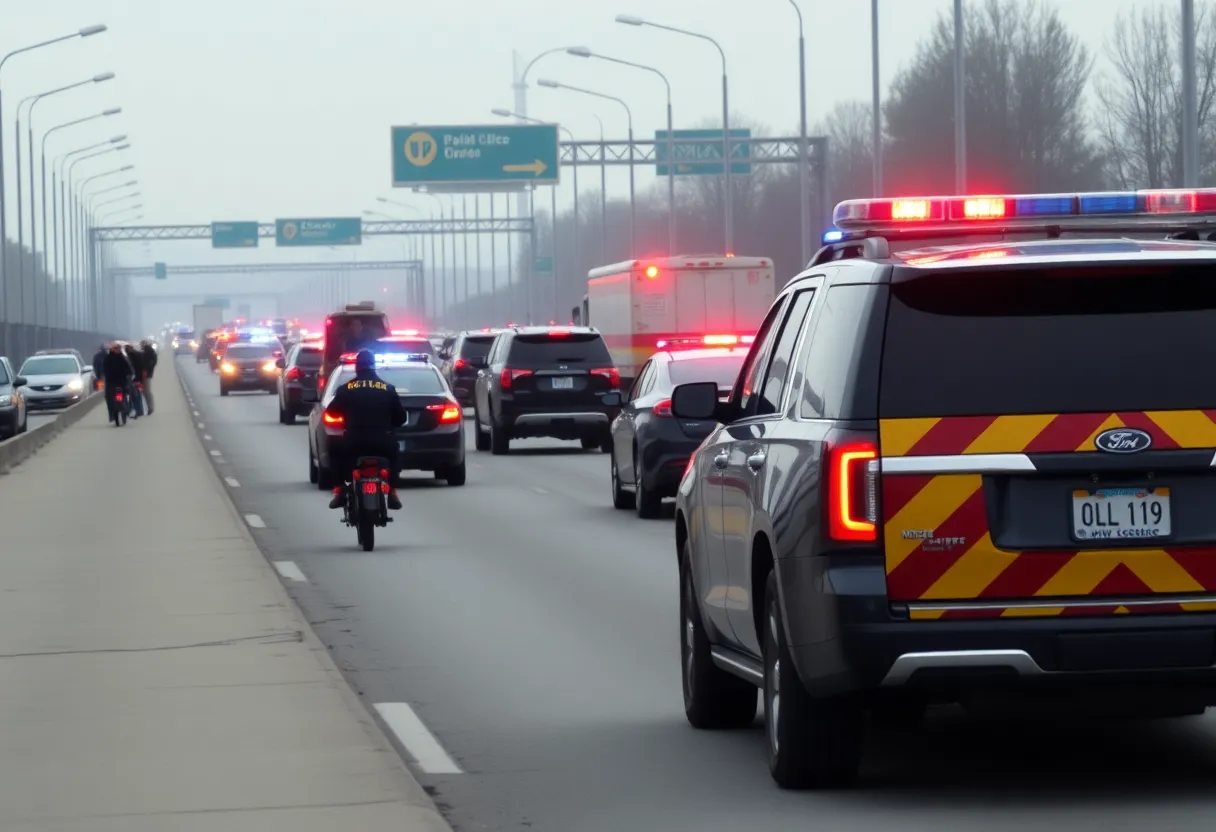 Police vehicles lined up on a highway after a shooting incident.