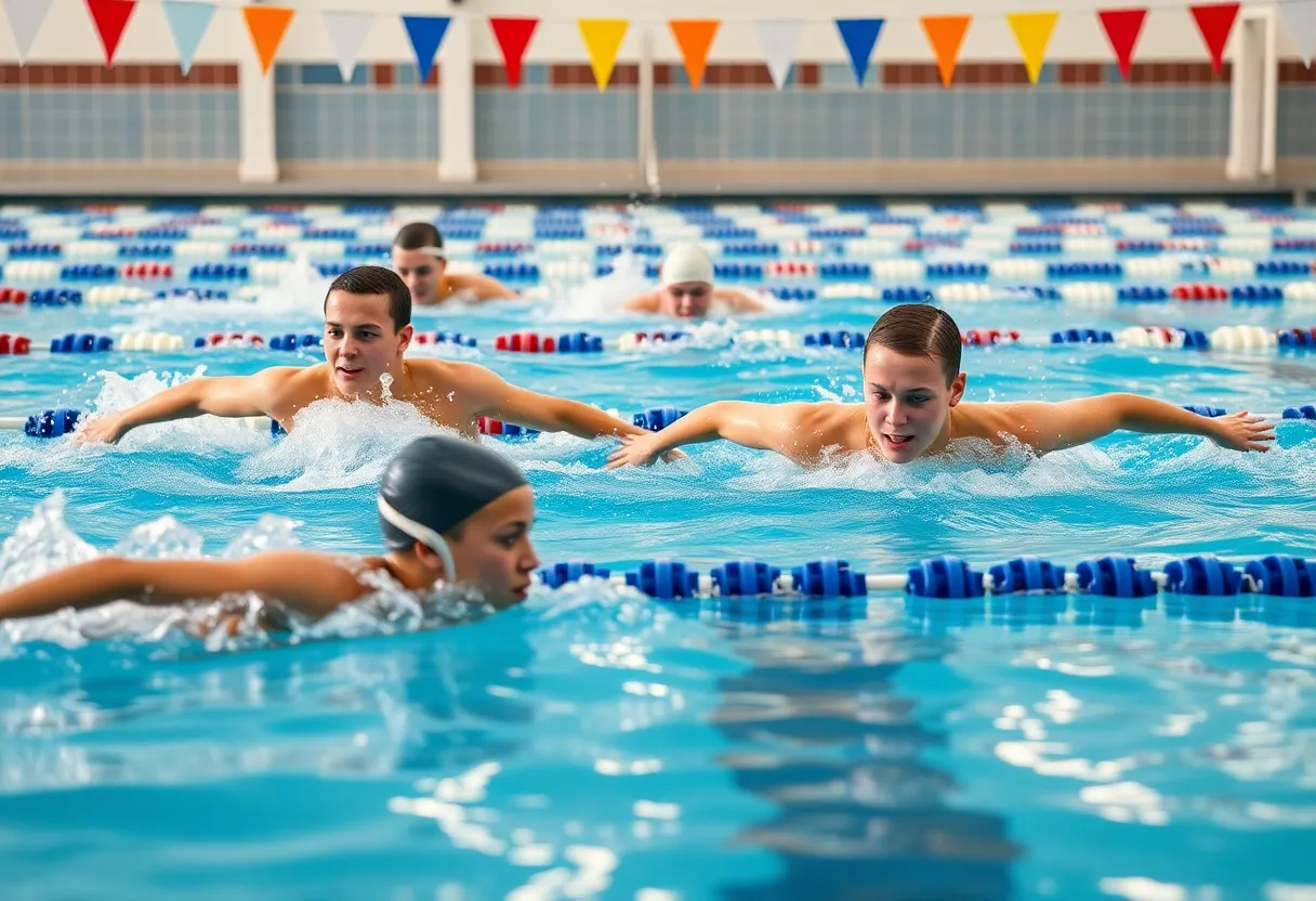 High school swimmers training in a pool at Linsly School