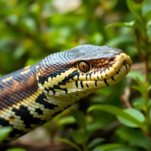 A large python resting in its enclosure with vibrant scales.