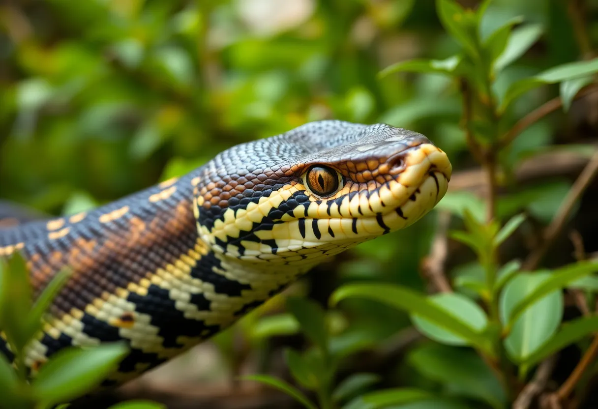 A large python resting in its enclosure with vibrant scales.