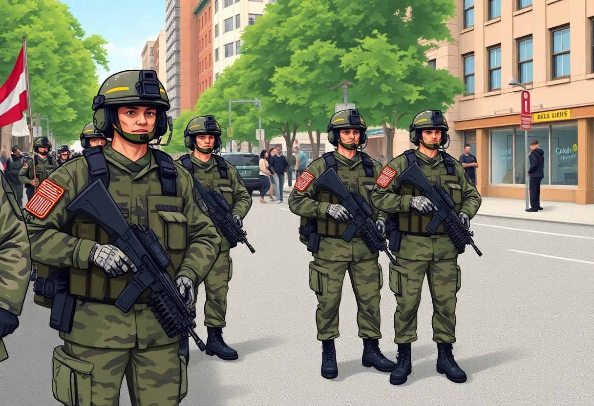 National Guard troops preparing for deployment in urban areas.