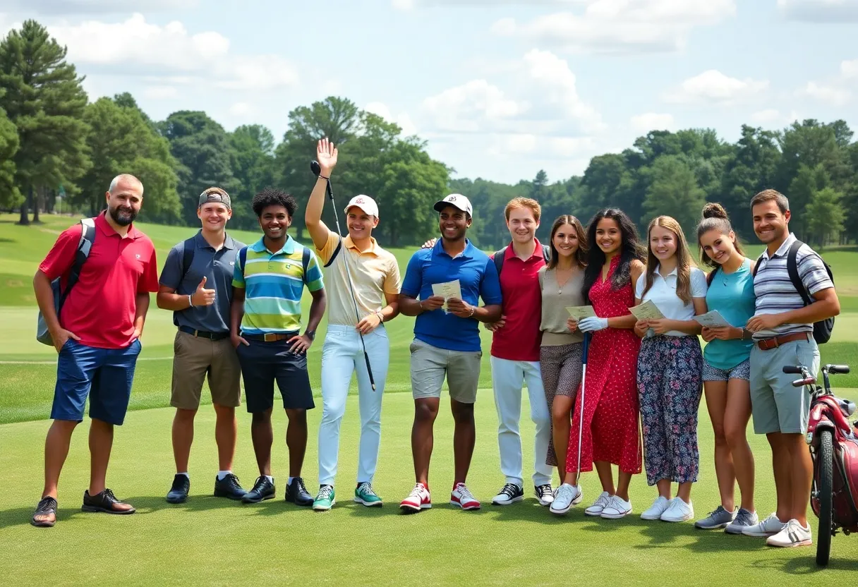 Group of student-athletes celebrating on a golf course