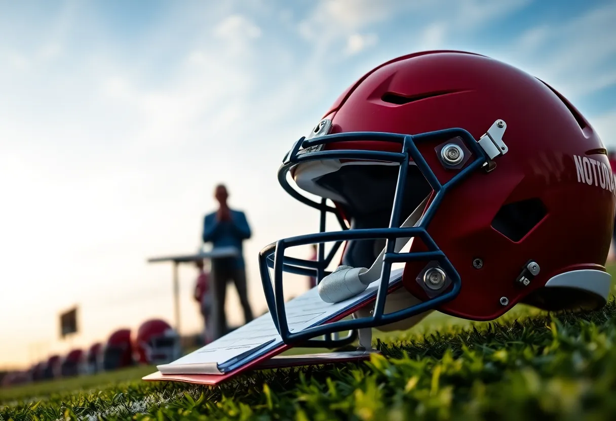 Football field with a coach's clipboard and helmet