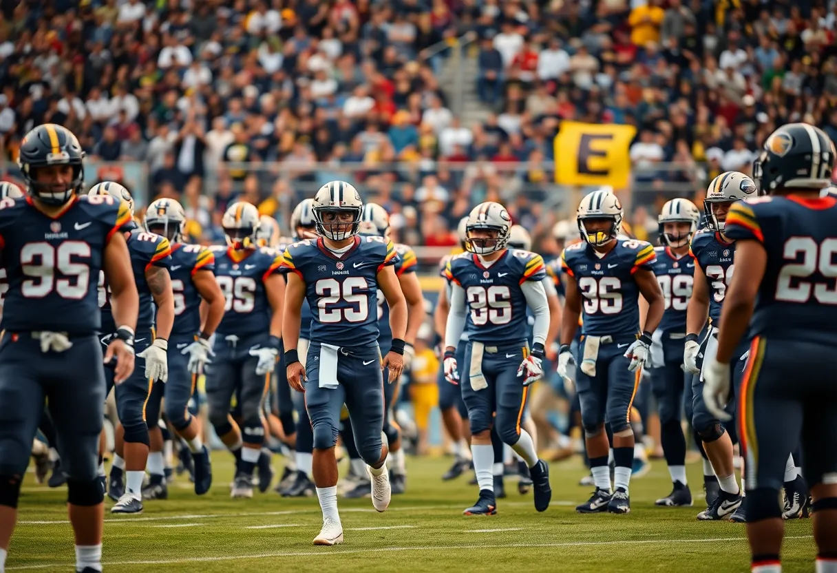 Newberry College football team in military tribute uniforms during practice.