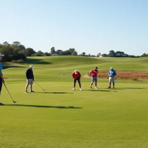 Golfers practicing at a picturesque golf course.