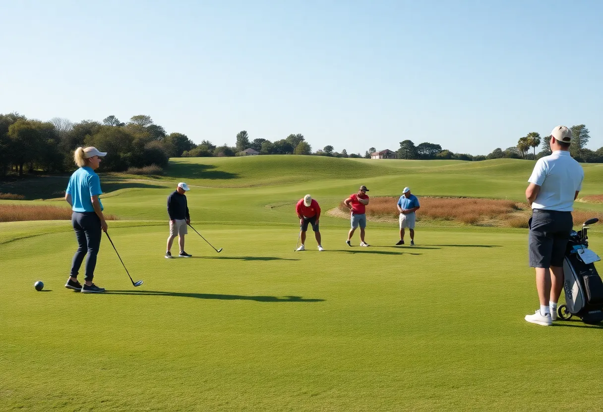 Golfers practicing at a picturesque golf course.
