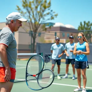Tennis coach overseeing practice with college athletes