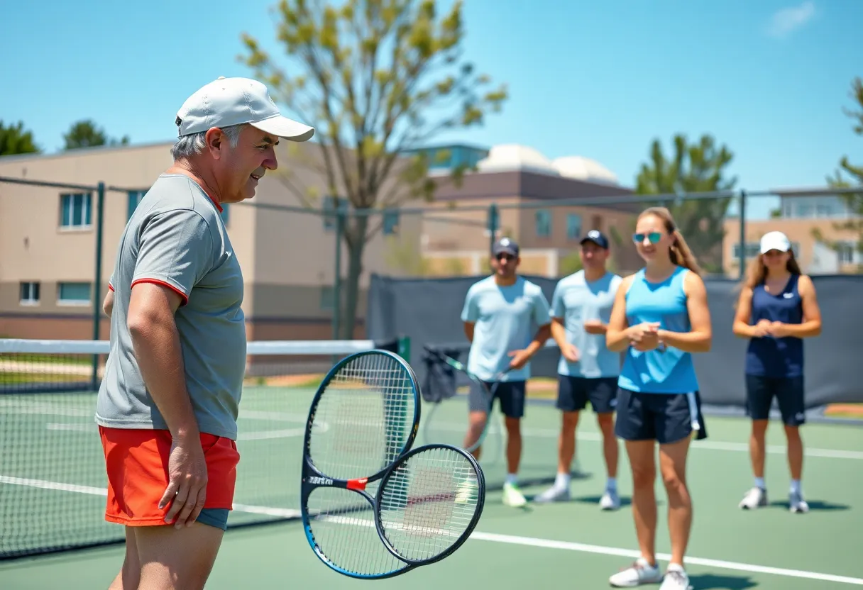 Tennis coach overseeing practice with college athletes