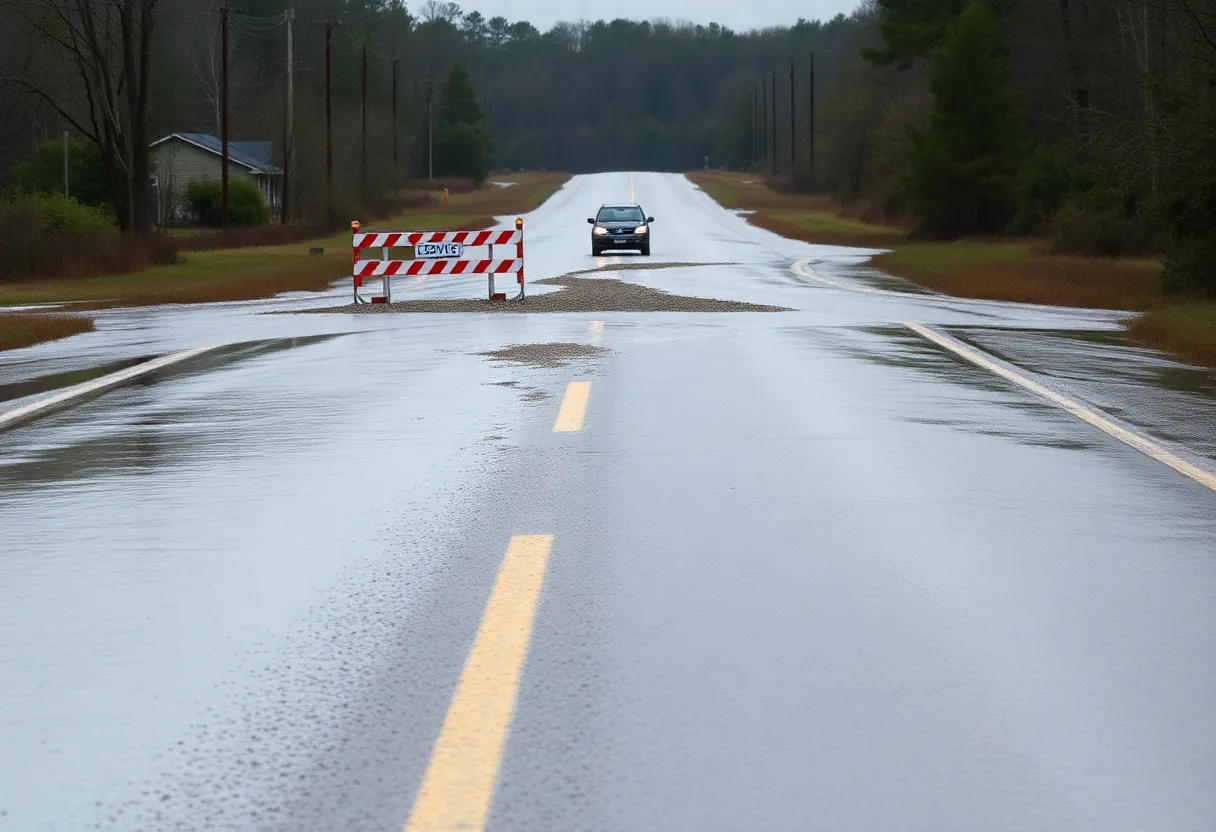 Flooded road with washouts and barriers in Newberry County