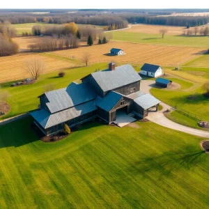 Aerial view of a 75-acre historic farm in Newberry, featuring a barn, homes, and lush landscape.