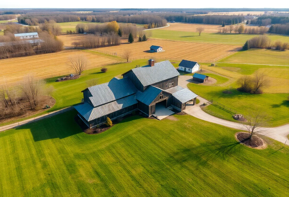 Aerial view of a 75-acre historic farm in Newberry, featuring a barn, homes, and lush landscape.