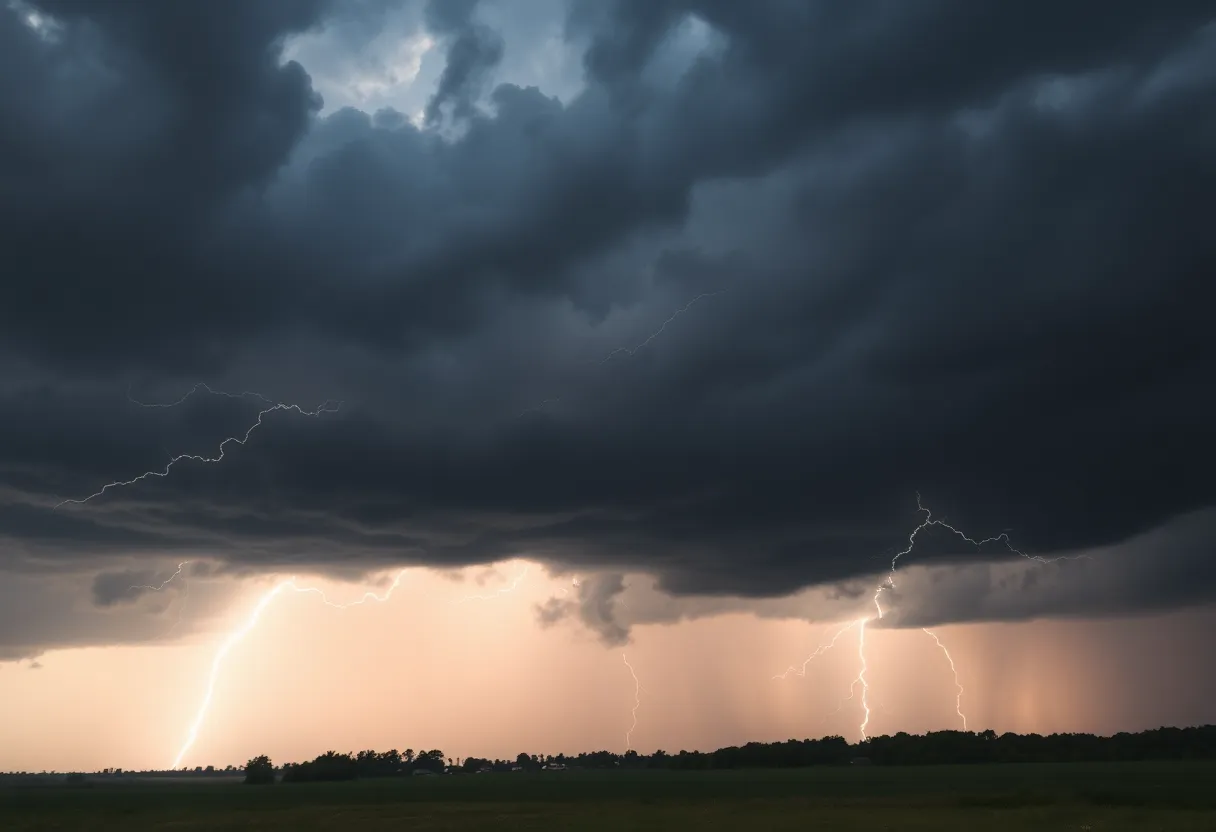 Thunderstorm clouds above Newberry County with lightning.
