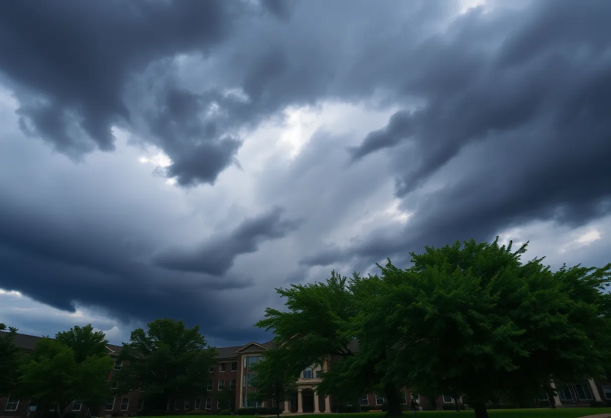 Dark storm clouds over Newberry College indicating severe weather