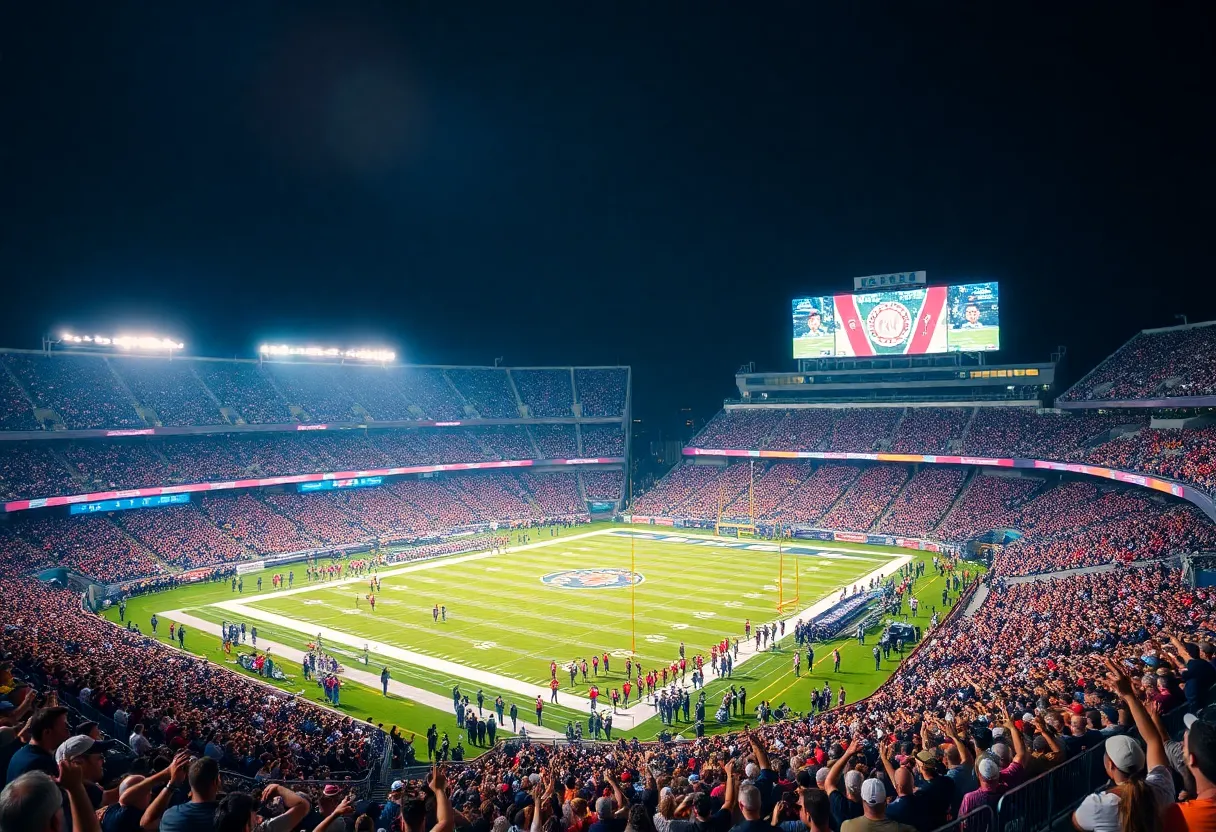 Night game at Pittsburg State University football stadium with fans.
