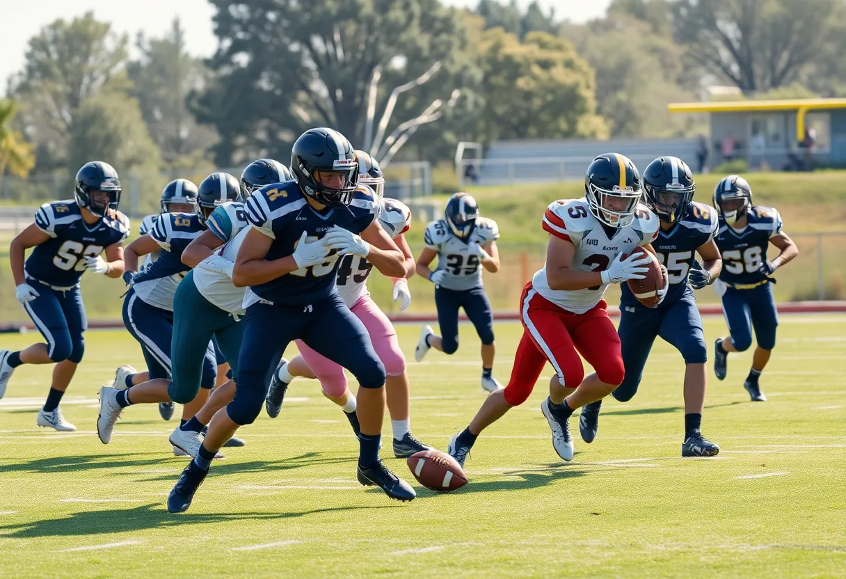 Players from the Rebels and Tigers competing in a high school football match.