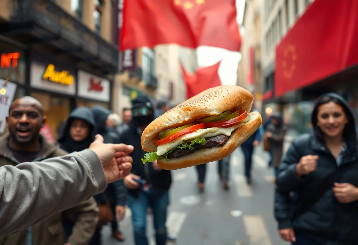 An illustration of a sandwich being thrown in a city street during a protest.