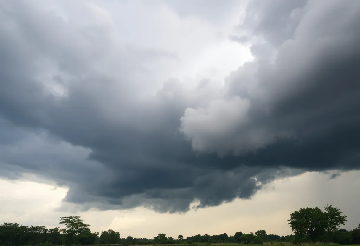 Dark storm clouds gathering in a rural area.