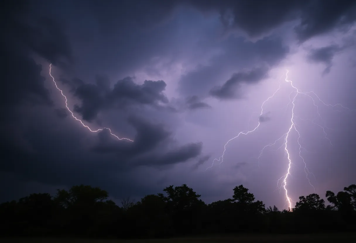 Dark storm clouds and lightning over Laurens County during a severe thunderstorm